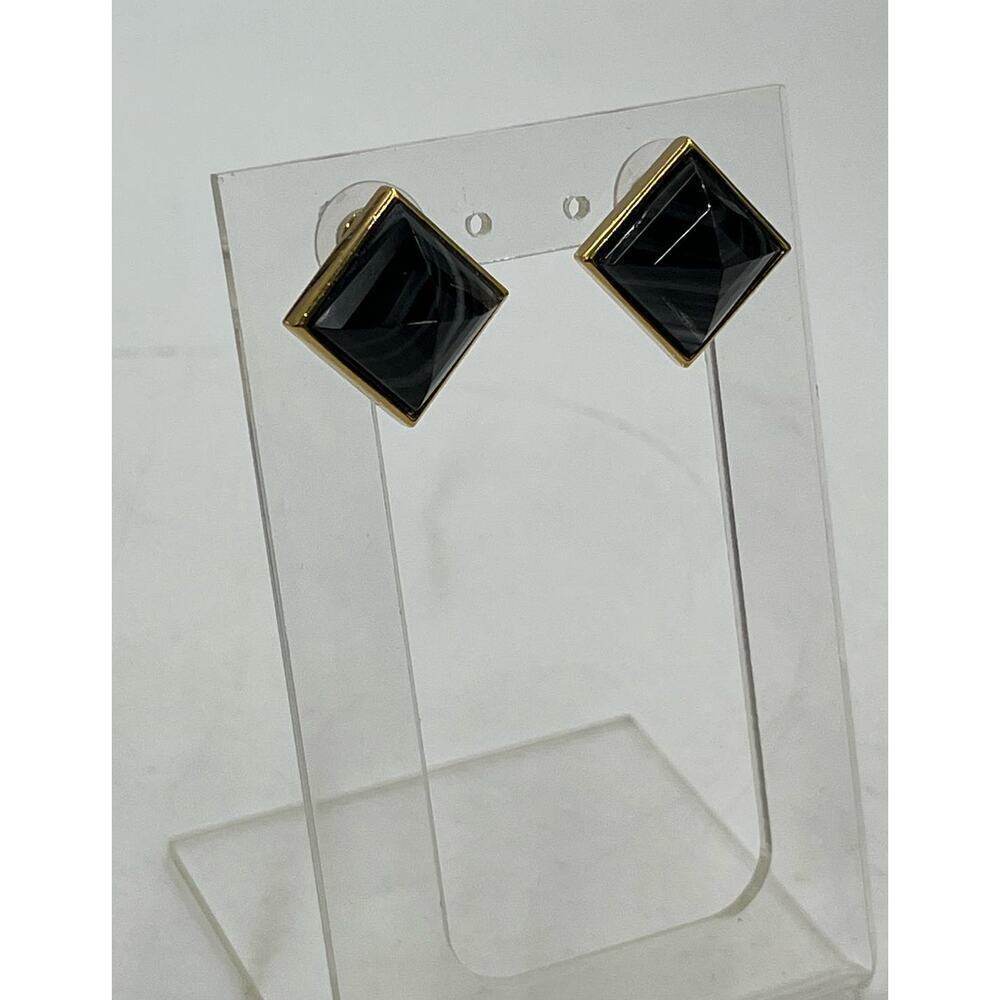Henri Bendel Gold Plated Black Onyx Pyramid‎ Studs Earrings